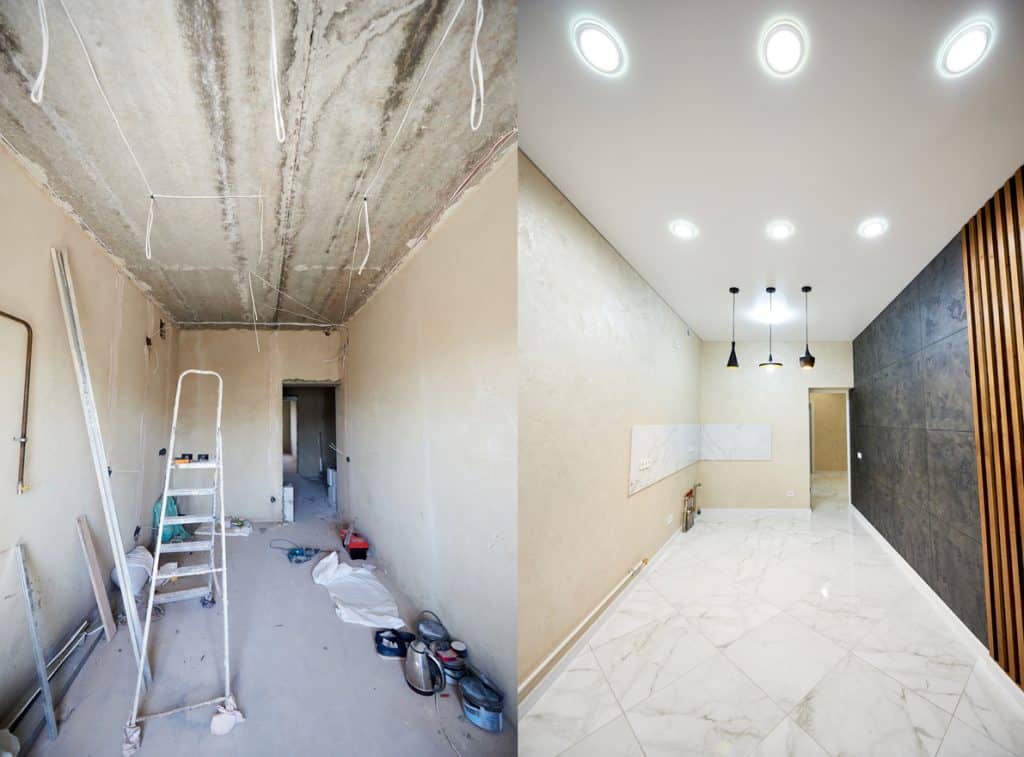 Comparison snapshot of a big beautiful room in a private house before and after reconstruction, messy room with empty grey walls vs new clean shiny interior